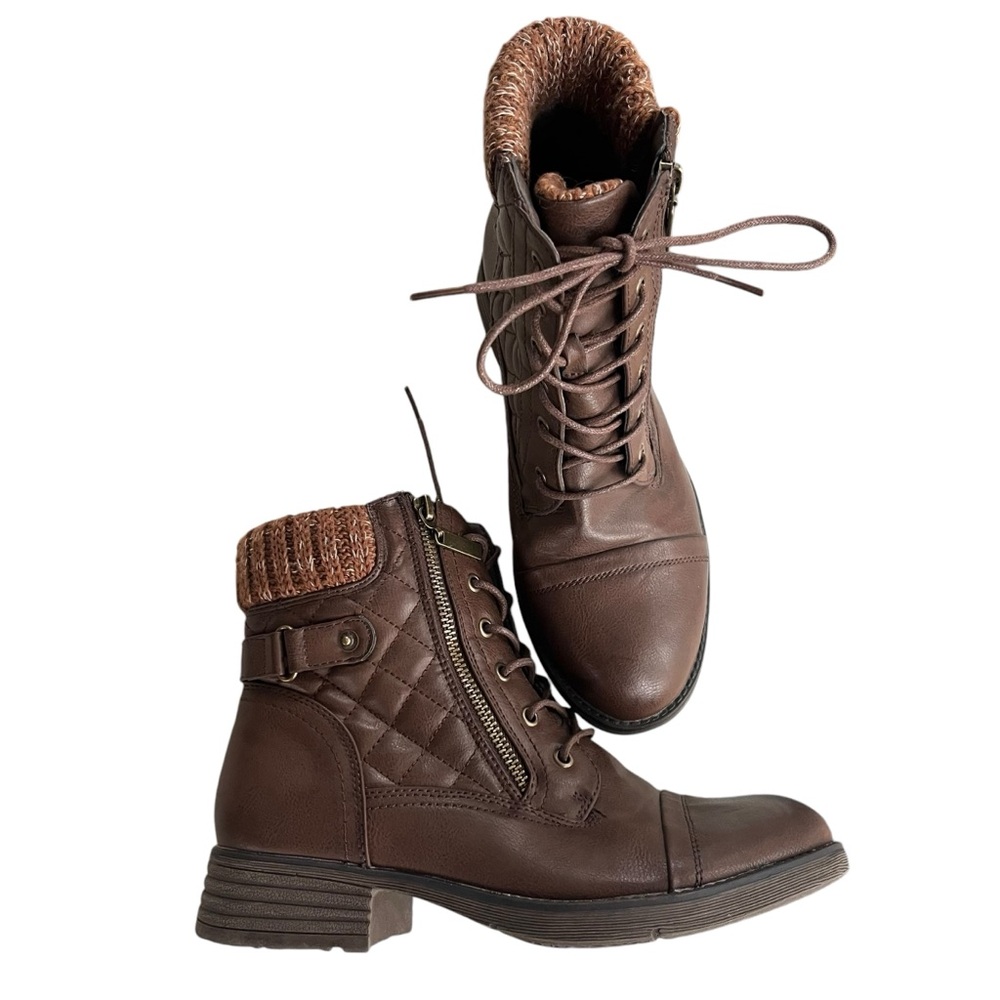 STQ Womens 8 Brown Vegan Leather Sweater Trim Quilted Combat Lace Up Ankle Boots